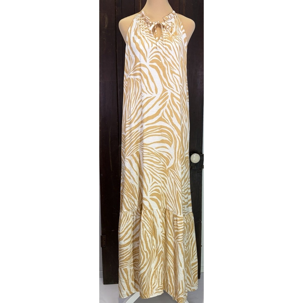 Nine West‎ Halter Maxi Dress Size S Yellow Zebra Print Minimalist Oversized Boho